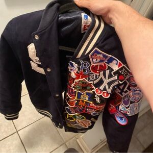 Navy Varsity Jacket with Sports Patches